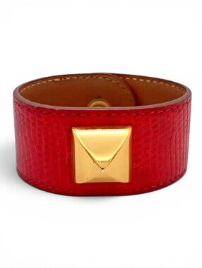 HERMES Red Leather Pyramid Stud Bracelet